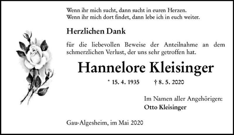  Traueranzeige für Hannelore Kleisinger vom 30.05.2020 aus vrm-trauer
