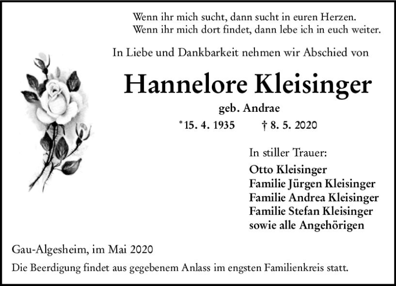  Traueranzeige für Hannelore Kleisinger vom 13.05.2020 aus vrm-trauer
