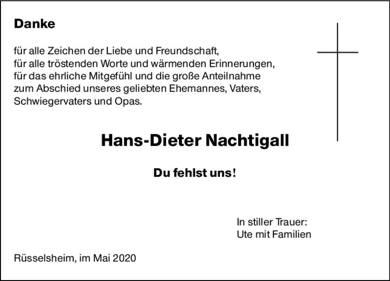  Traueranzeige für Hans-Dieter Nachtigall vom 16.05.2020 aus vrm-trauer