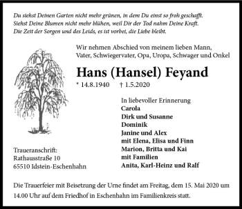 Traueranzeige von Hans  Feyand von vrm-trauer