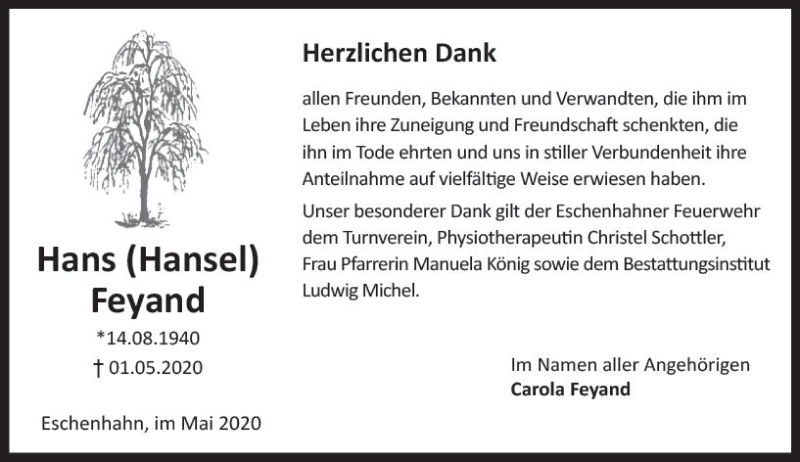  Traueranzeige für Hans  Feyand vom 30.05.2020 aus vrm-trauer