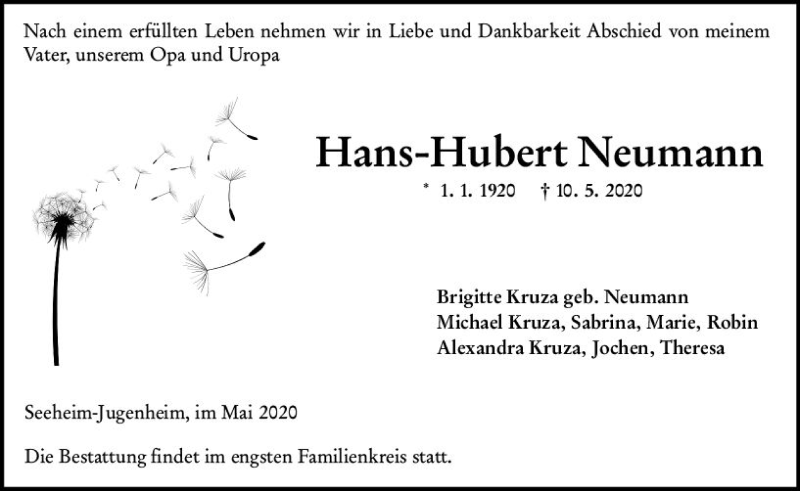 Traueranzeige für Hans-Hubert Neumann vom 16.05.2020 aus vrm-trauer