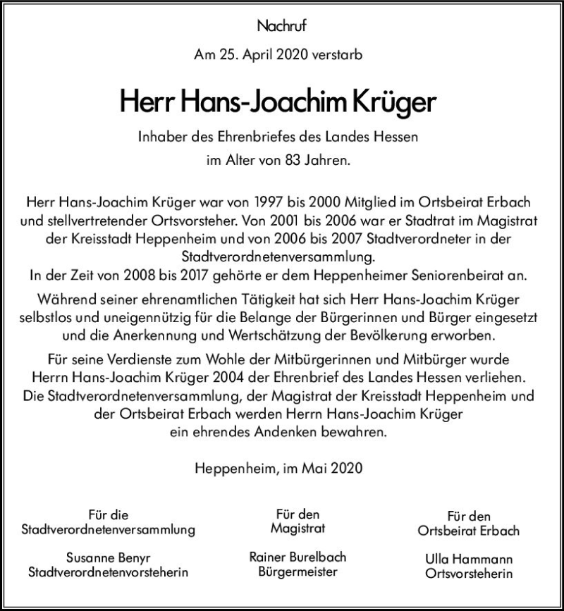  Traueranzeige für Hans-Joachim Krüger vom 18.05.2020 aus vrm-trauer