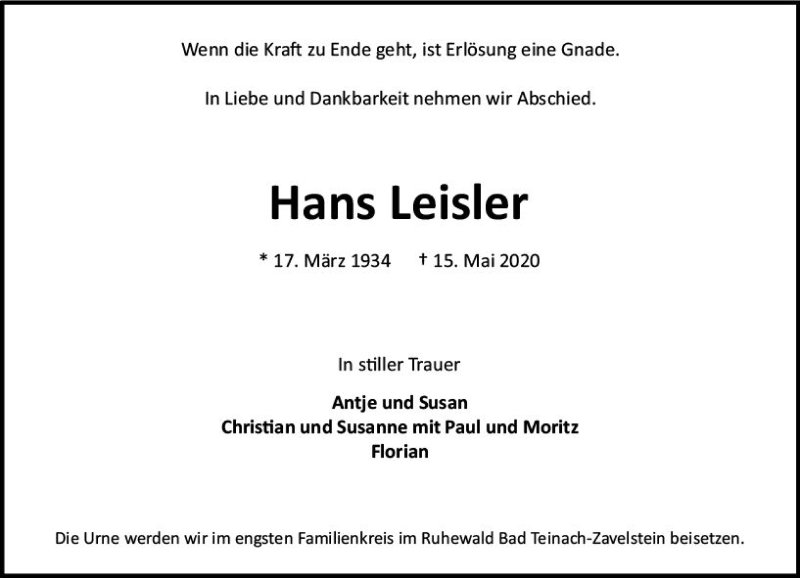  Traueranzeige für Hans Leisler vom 23.05.2020 aus vrm-trauer