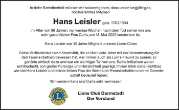 Traueranzeige von Hans Leisler von vrm-trauer