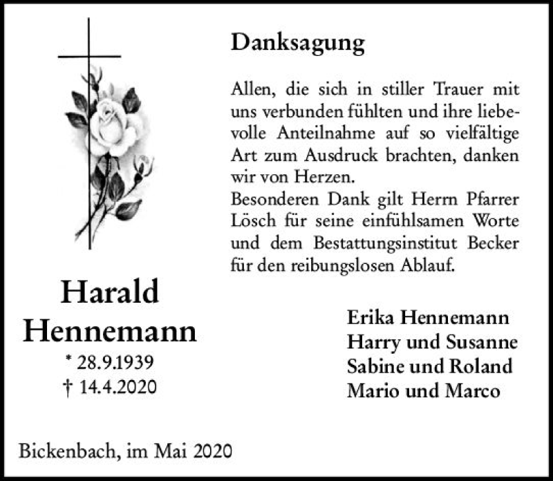  Traueranzeige für Harald Hennemann vom 02.05.2020 aus vrm-trauer