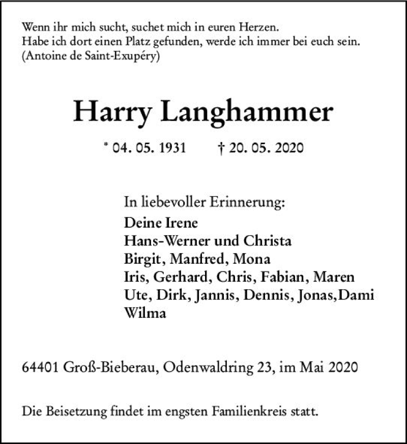  Traueranzeige für Harry Langhammer vom 30.05.2020 aus vrm-trauer