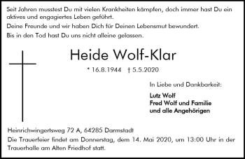 Traueranzeige von Heide Wolf-Klar von vrm-trauer