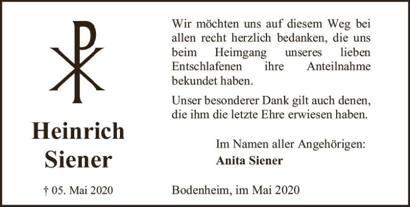  Traueranzeige für Heinrich Siener vom 30.05.2020 aus vrm-trauer