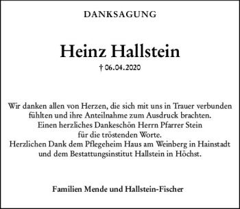 Traueranzeige von Heinz Hallstein von vrm-trauer