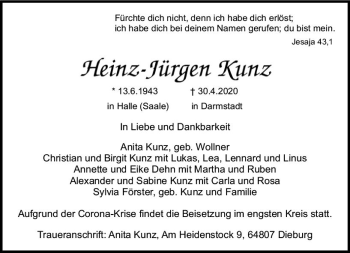 Traueranzeige von Heinz-Jürgen Kunz von vrm-trauer
