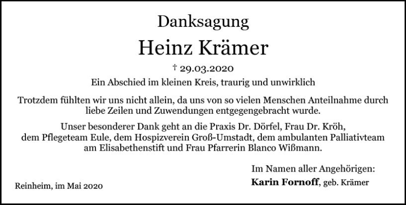  Traueranzeige für Heinz Krämer vom 02.05.2020 aus vrm-trauer