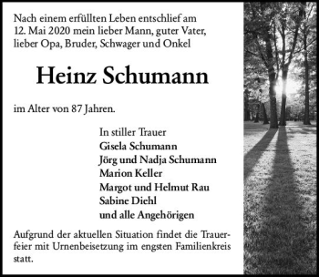 Traueranzeige von Heinz Schumann von vrm-trauer