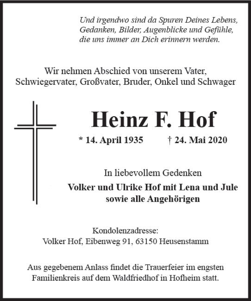  Traueranzeige für Heinz F. Hof vom 29.05.2020 aus vrm-trauer