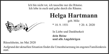 Traueranzeige von Helga Hartmann von vrm-trauer