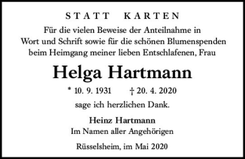 Traueranzeige von Helga Hartmann von vrm-trauer