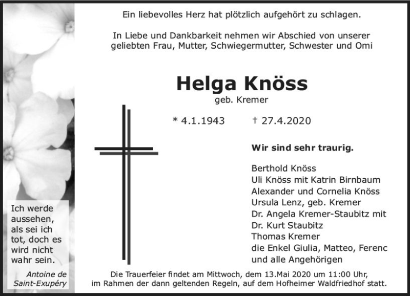  Traueranzeige für Helga Knöss vom 08.05.2020 aus vrm-trauer