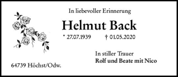 Traueranzeige von Helmut Back von vrm-trauer
