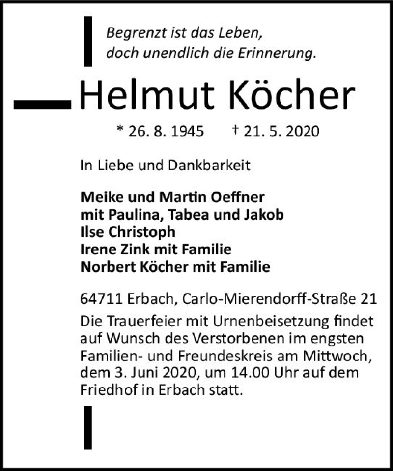 Traueranzeige für Helmut Köcher vom 30.05.2020 aus vrm-trauer