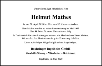 Traueranzeige von Helmut Mathes von vrm-trauer