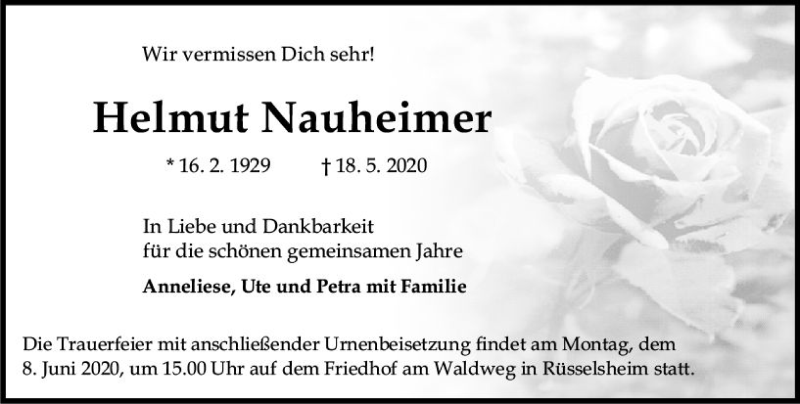  Traueranzeige für Helmut Nauheimer vom 30.05.2020 aus vrm-trauer
