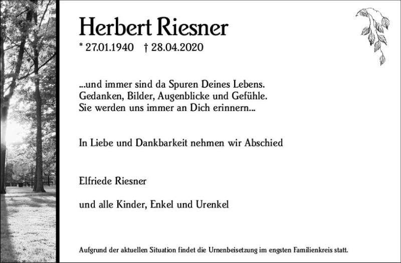  Traueranzeige für Herbert Riesner vom 04.05.2020 aus vrm-trauer