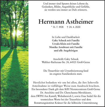 Traueranzeige von Hermann Astheimer von vrm-trauer