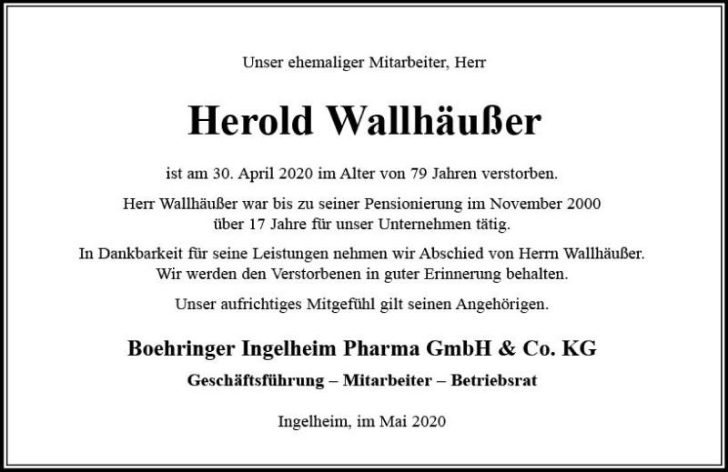  Traueranzeige für Herold Wallhäußer vom 19.05.2020 aus vrm-trauer