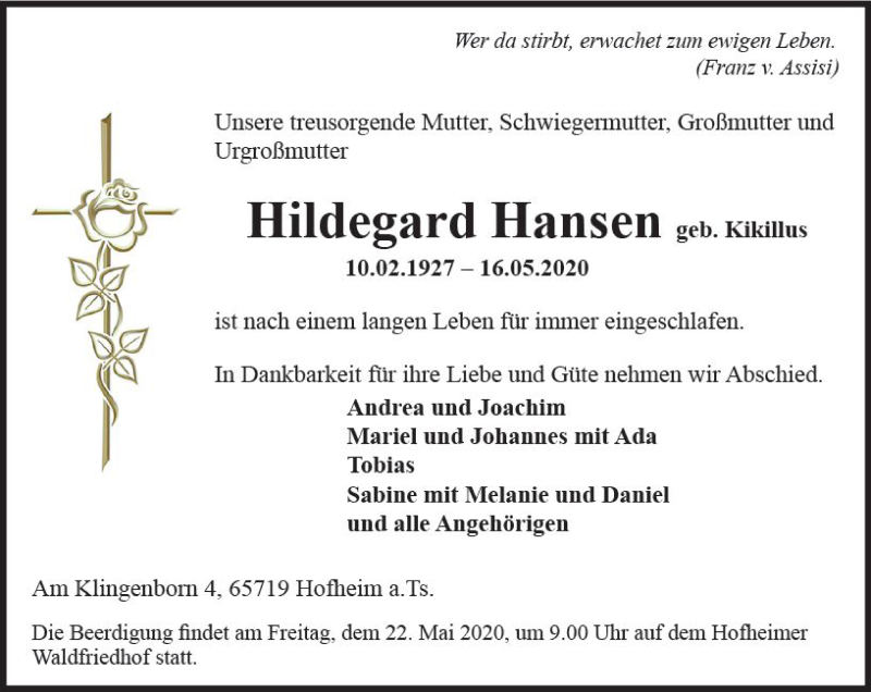  Traueranzeige für Hildegard Hansen vom 19.05.2020 aus vrm-trauer