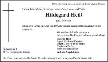 Traueranzeige von Hildegard Heiß von vrm-trauer