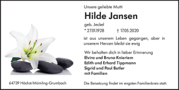Traueranzeige von Hildegard Jansen von vrm-trauer