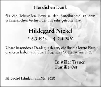 Traueranzeige von Hildegard Nickel von vrm-trauer