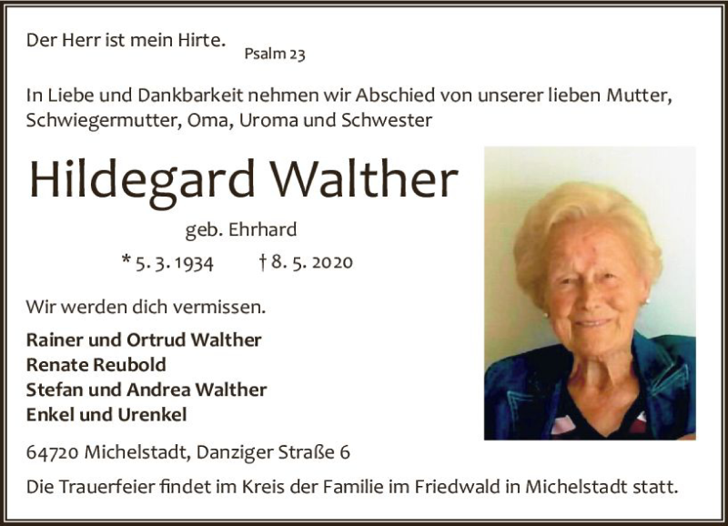  Traueranzeige für Hildegard Walther vom 23.05.2020 aus vrm-trauer