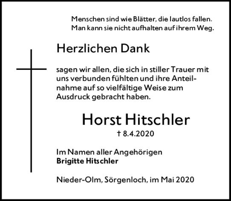  Traueranzeige für Horst Hitschler vom 16.05.2020 aus vrm-trauer