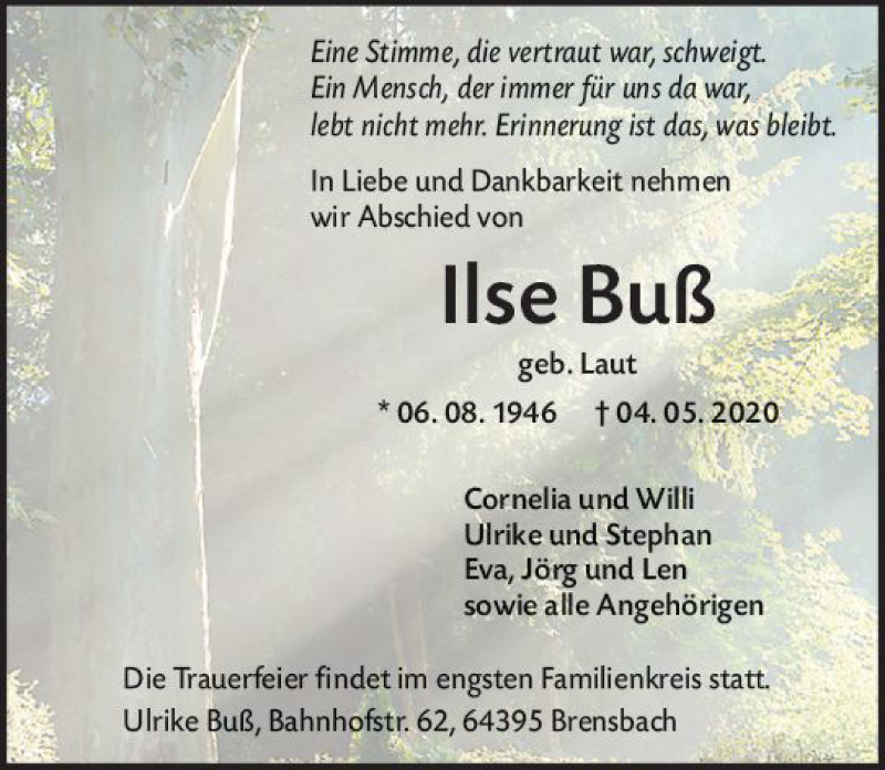  Traueranzeige für Ilse Buß vom 09.05.2020 aus vrm-trauer