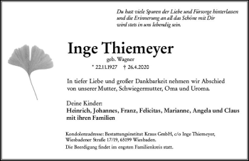 Traueranzeige von Inge Thiemeyer von vrm-trauer