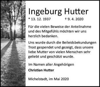Traueranzeige von Ingeburg Hutter von vrm-trauer