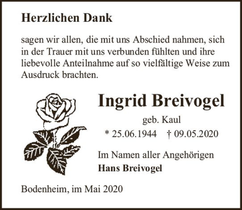  Traueranzeige für Ingrid Breivogel vom 30.05.2020 aus vrm-trauer