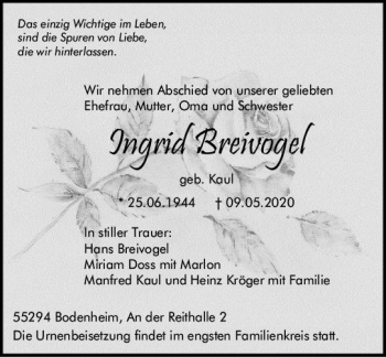 Traueranzeige von Ingrid Breivogel von vrm-trauer