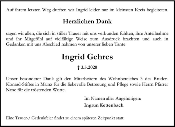 Traueranzeige von Ingrid Gehres von vrm-trauer