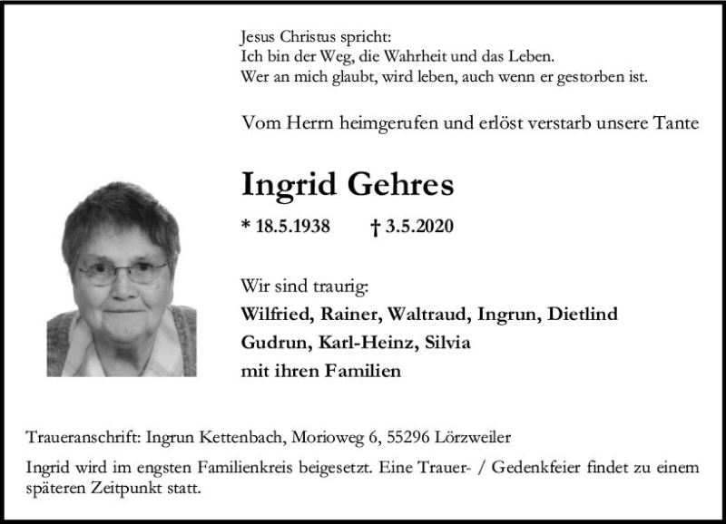  Traueranzeige für Ingrid Gehres vom 09.05.2020 aus vrm-trauer