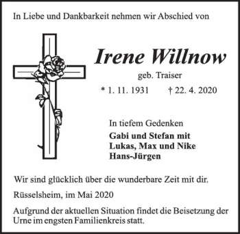 Traueranzeige von Irene Willnow von vrm-trauer