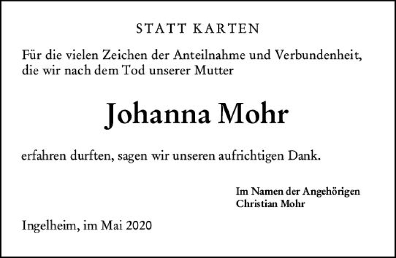  Traueranzeige für Johanna Mohr vom 14.05.2020 aus vrm-trauer
