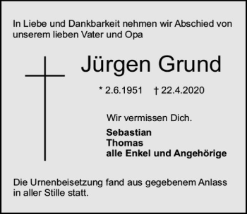 Traueranzeige von Jürgen Grund von vrm-trauer