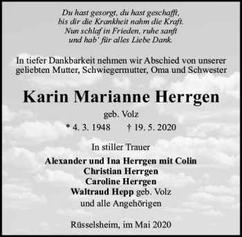 Traueranzeige von Karin Marianne Herrgen von vrm-trauer