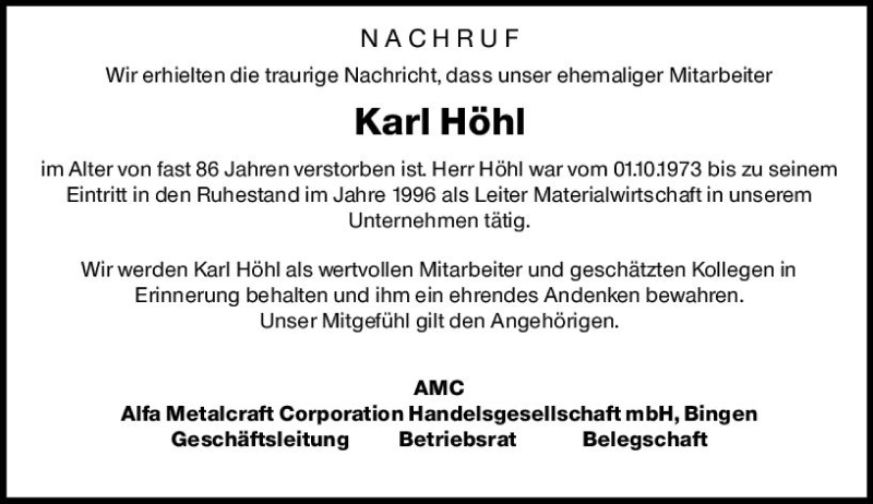  Traueranzeige für Karl Höhl vom 29.05.2020 aus vrm-trauer