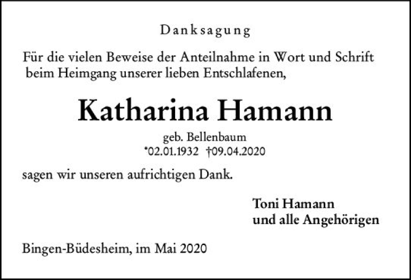  Traueranzeige für Katharina Hamann vom 16.05.2020 aus vrm-trauer