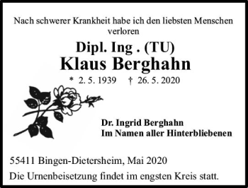 Traueranzeige von Klaus Berghahn von vrm-trauer