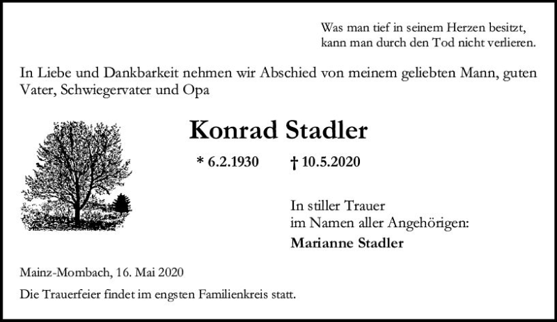  Traueranzeige für Konrad Stadler vom 16.05.2020 aus vrm-trauer