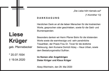 Traueranzeige von Liese Krüger von vrm-trauer